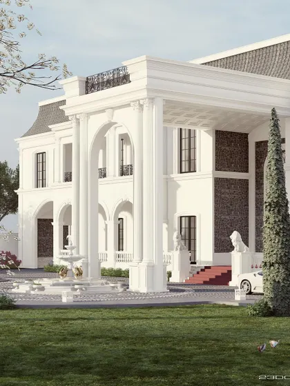 A side view of the castle-like residence, showcasing its grand scale and the lush lawn that surrounds it. The design combines the formality of classical architecture with the comfort of a sprawling estate.