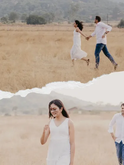 A collage showing the fun and freedom of a golden hour shoot in a rural landscape. From running hand-in-hand to quiet moments, the light adds a touch of magic to every frame.