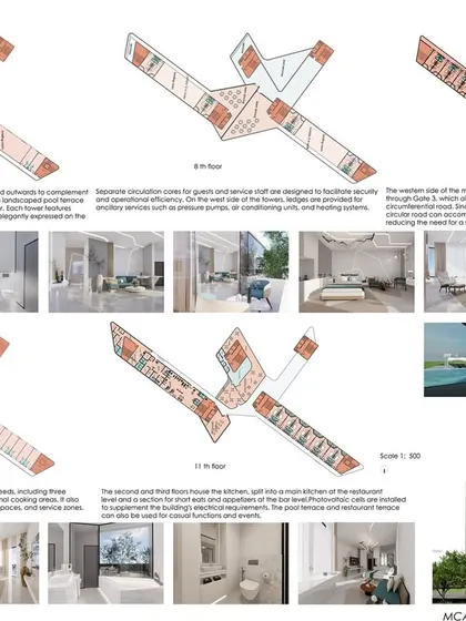A presentation sheet detailing the hotel room layouts and interior design concepts.