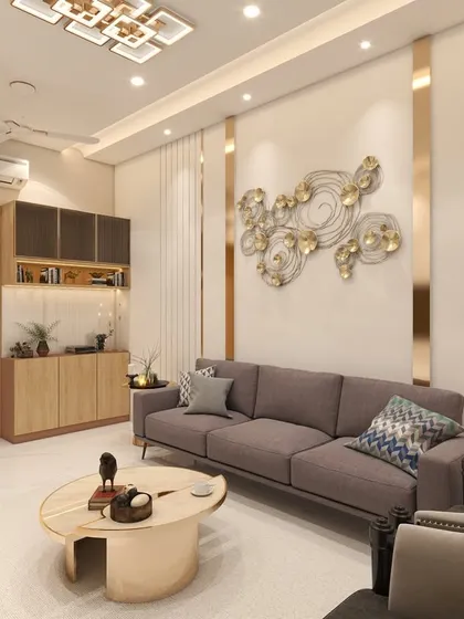 This living room render for a Mahalaxmi project helped finalize the material palette, including the warm wood tones, gold inlays, and the specific metal wall art, ensuring a cohesive and elegant result.