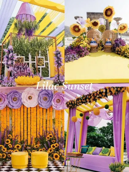 Inspiration for a 'Lilac Sunset' theme, which combines the softness of lilac with the warmth of yellow and orange for a beautiful and unique Haldi or Mehendi.