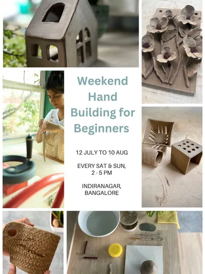 Our July and August weekend hand-building course is perfect for beginners. The collage shows a range of student work, including a house luminary, a floral tile, and textured vessels.