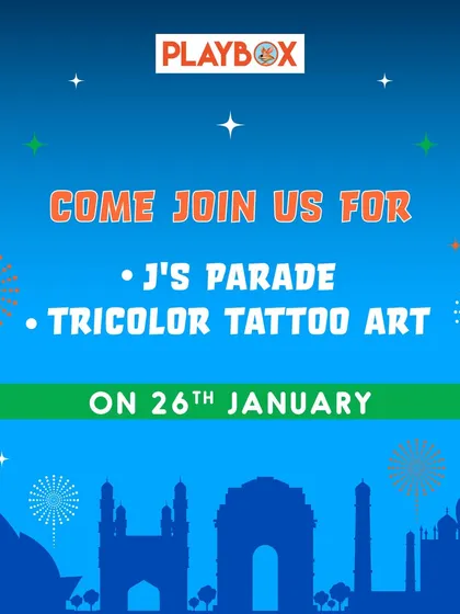 An invitation to join our Republic Day festivities, featuring J's Parade and tricolor tattoo art.