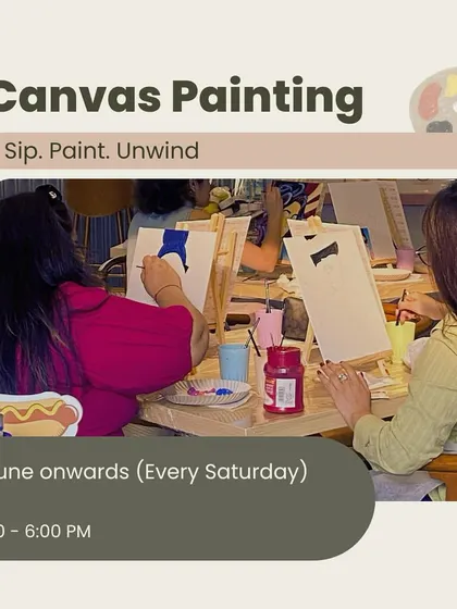 This poster announces our canvas painting workshops held every Saturday. It captures the social and relaxed atmosphere of our sip and paint events.