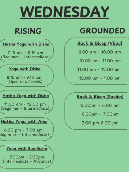 A look at our Wednesday offerings, with multiple Hatha Yoga sessions and dedicated Back & Bicep strength classes.