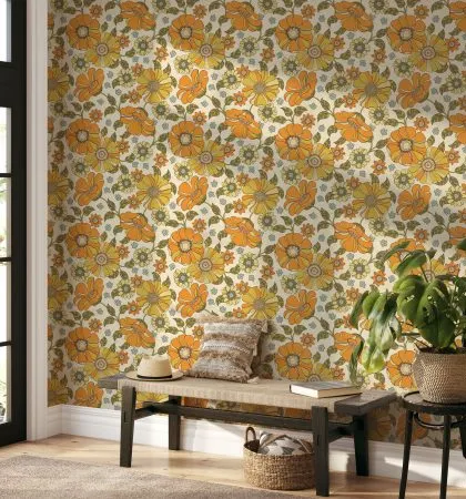 An entryway with our Crimson Daisies Floral Pattern wallpaper is a joyful and welcoming sight. The bright floral design sets a happy tone for the rest of the home.