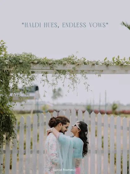 "Haldi Hues, Endless Vows." A beautiful, serene portrait of the couple.