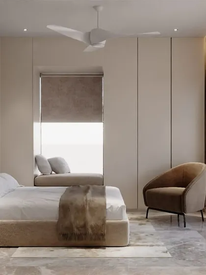 I love creating cozy nooks. Here, I designed a comfortable window seat nestled between wardrobe panels, providing a perfect spot to read a book and enjoy the view.