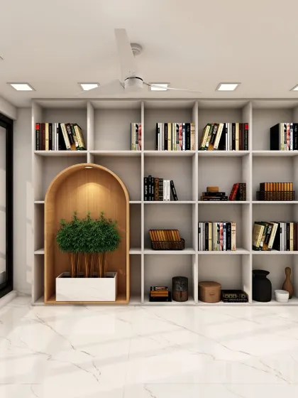 This modern library design features a large grid bookshelf with an integrated planter box, bringing a touch of nature into the reading space.
