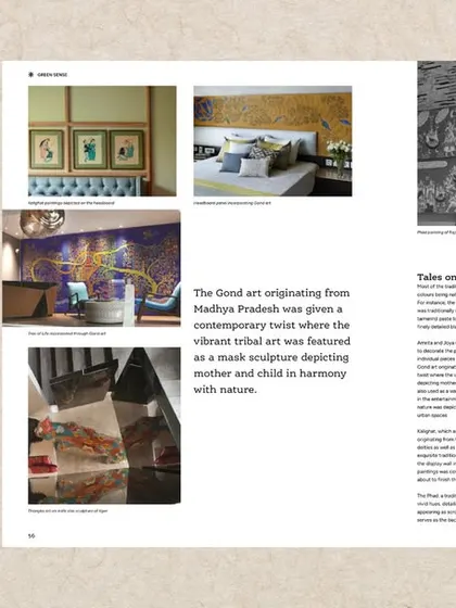 This page from the AntaryaMag feature showcases how we incorporate earthy stories and folklore through paintings and artworks, such as Gond art from Madhya Pradesh, into our interior designs.