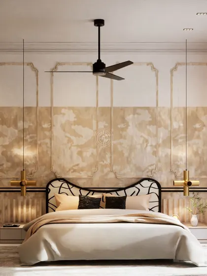 This bedroom render plays with classical and modern elements. The wall features traditional molding details combined with a textured, abstract finish, and the headboard has a unique, graphic design.