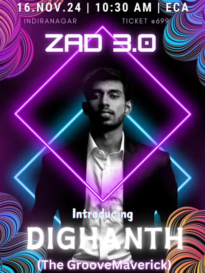Meet the man leading the charge, Dighanth, also known as The GrooveMaverick. As one of our lead instructors, he brings a unique style and magnetic energy to our ZAD events. This poster gives you all the details for our upcoming ZAD 3.0 party, a 90-minute dance fitness session in Indiranagar.