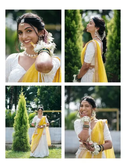 A fun and playful collage of the bride on her Haldi day. These shots capture her personality, from pouting to laughing, telling a story of her joyful celebration.