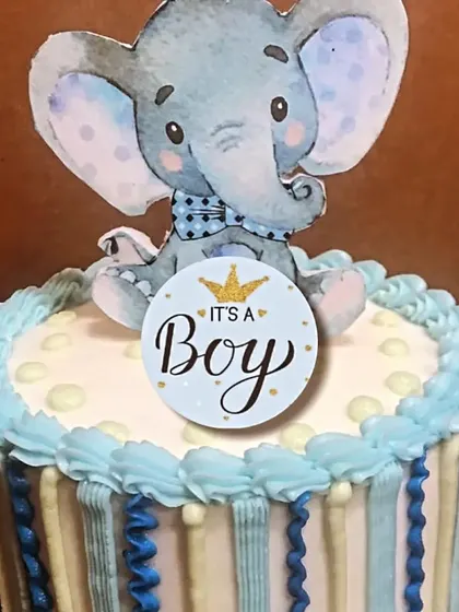 No themed party is complete without a matching cake. This "It's a Boy" cake is topped with an adorable, hand-drawn style elephant, perfectly tying into the overall theme of the baby shower.
