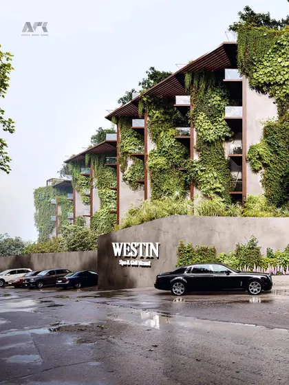 The entrance to the upcoming Westin Hotel in Nashik. The design uses lush vertical gardens and natural materials to create a grand yet welcoming arrival experience that immediately connects guests with nature.