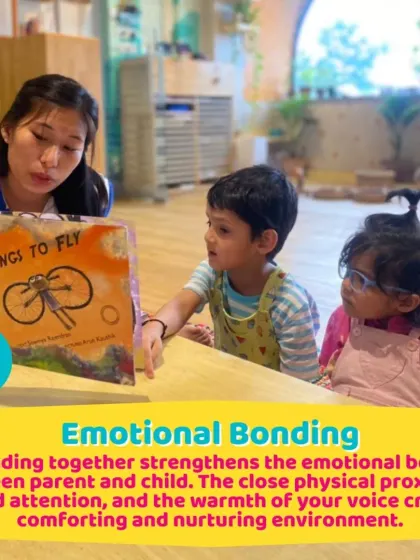 The close physical proximity and shared attention during story time creates a comforting and nurturing environment, strengthening the emotional bond between adult and child.