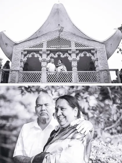 A black and white collage from a 50th-anniversary celebration, capturing a grand architectural view and an intimate, loving portrait of the couple.
