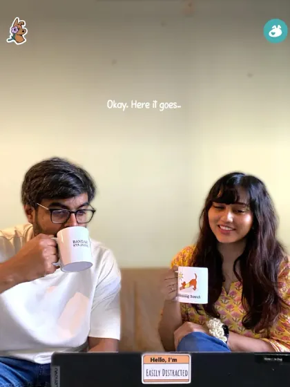 Two of our community members enjoying a coffee with our specially designed mugs. On the left is the "BAAD MEIN PACHTAYENGE" design, and on the right is the playful "Morning Stretch" pup.