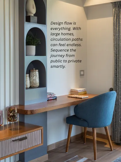 In large homes, the flow of movement is everything. We carefully sequence the journey from public to private spaces to ensure circulation feels intuitive and natural, not like a maze.