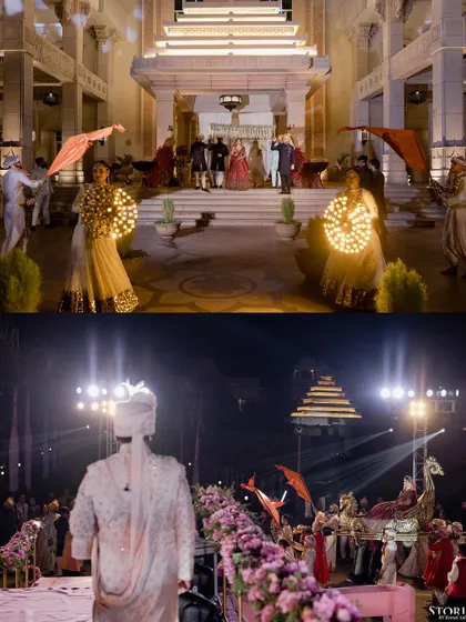 A collage showing the groom's grand baraat entrance and the traditional welcome.