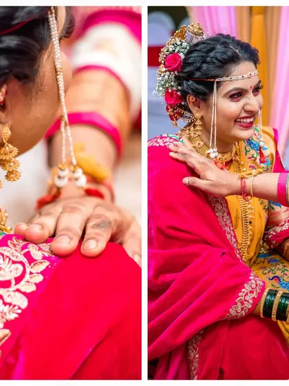 Close-up shots of the bride during the ceremony, capturing the details of her embroidered blouse and the gentle blessings from family.