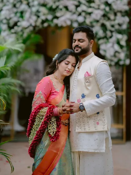 A peaceful, intimate moment between Gayatri and Saurabh during their engagement.