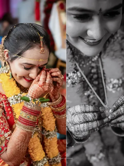 A collage capturing the emotional and ritualistic moments of the wedding, from shy smiles to the tying of the mangalsutra.