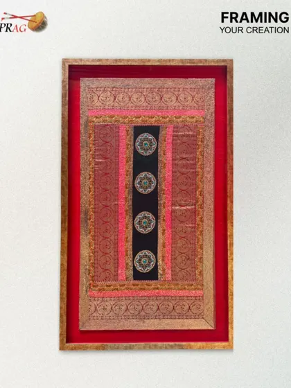 We specialize in framing traditional Indian textiles, like this intricate Tanjore piece. The antique gold frame and vibrant mount were chosen to complement the rich colors and detailed embroidery of the fabric.
