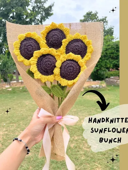 A hand-knitted sunflower bunch, perfect for bringing a little bit of sunshine into someone's life. This is one of our most popular bouquets.
