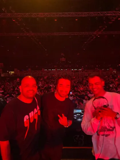 Homies together. A great shot with Sequ3l and another friend behind the decks, ready to bring the noise.