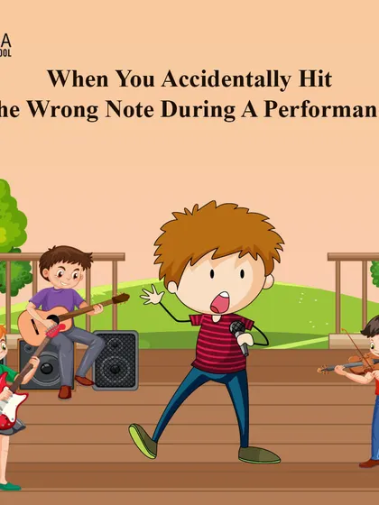 An illustration of a child mid performance with a guitar, violin, and drums. Hitting a wrong note is part of learning; I teach my students to be resilient and have fun.