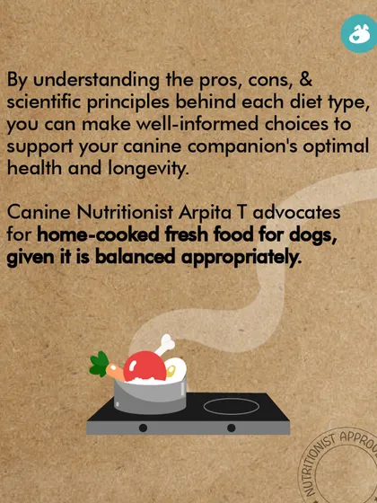 After comparing different diet types, this graphic shares our nutritionist's recommendation. We advocate for a properly balanced, home-cooked fresh food diet as an optimal choice for a dog's health and longevity.