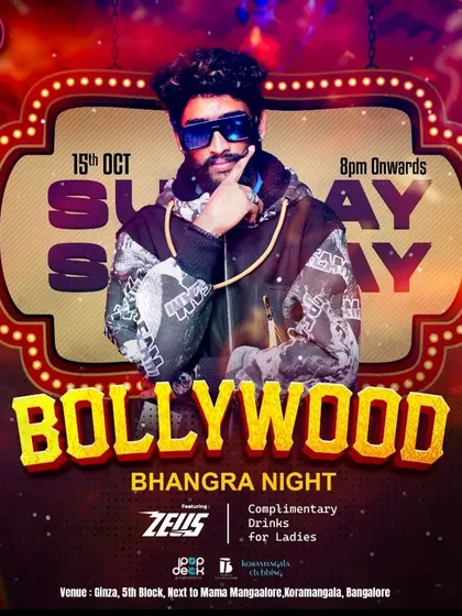Event flyer for a Bollywood Bhangra Night at Ginza, Koramangala. These nights are all about high-energy Punjabi and Bollywood dance music.
