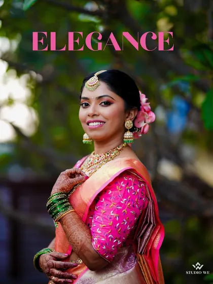 A beautiful portrait of the bride with the word "Elegance" overlaid, perfectly describing her graceful presence and stunning attire.