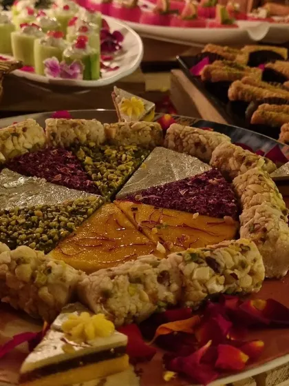 A beautiful platter of assorted Indian sweets, including pistachio and mango barfi, decorated with rose petals. A perfect, traditional dessert for a festive occasion like Diwali.