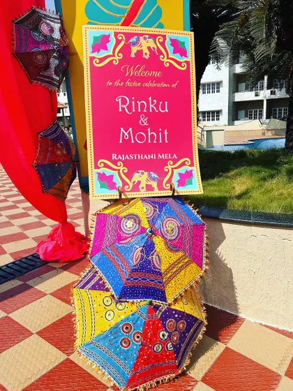 A closer look at the vibrant welcome decor for the Rajasthani-themed party.