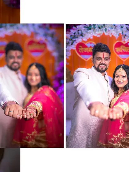 A before-and-after style collage of the couple showing off their rings. It playfully shows a soft-focus shot next to a sharp, clear one, highlighting the moment of commitment.