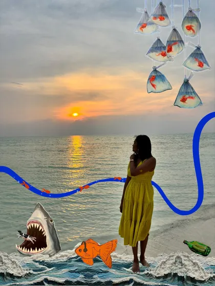 A surreal beach scene I created by collaging different elements and adding my own doodles.