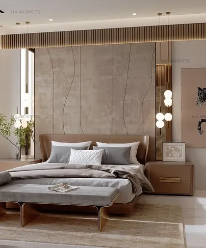 A duplicate of 63, showing the modern bedroom with an upholstered headboard and chic pendant lights. The design emphasizes texture and lighting to create a luxurious feel.