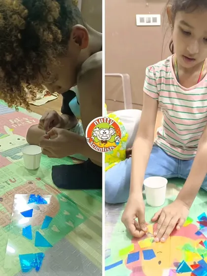 Young artists at my Garden of Light camp create beautiful suncatchers with translucent colored sheets. This activity combines art with learning about light and color.