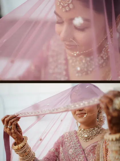 A collage of close-up shots of the bride under her veil, capturing the soft, delicate, and romantic mood of the moment.