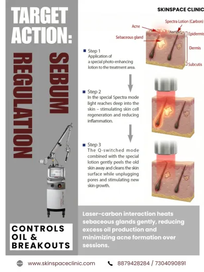 The laser-carbon interaction also gently heats the sebaceous glands. This helps reduce excess oil production and minimizes acne formation over a series of sessions, providing long-term sebum regulation.