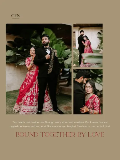 "Bound together by love." A collage of a couple in their grand reception outfits, mixing a powerful pose with intimate, close-up moments.