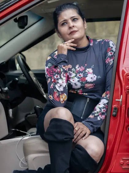 A pensive look from the same shoot. The outfit is versatile enough to convey both a playful and a serious mood.