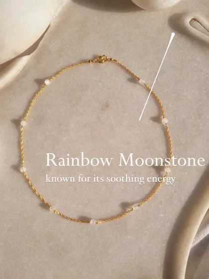 The 'apati' Rainbow Moonstone ball choker, known for its soothing energy.