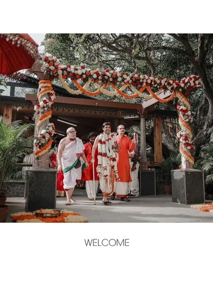 The groom's welcome procession, a grand and traditional entrance to the wedding venue, filled with color and celebration.