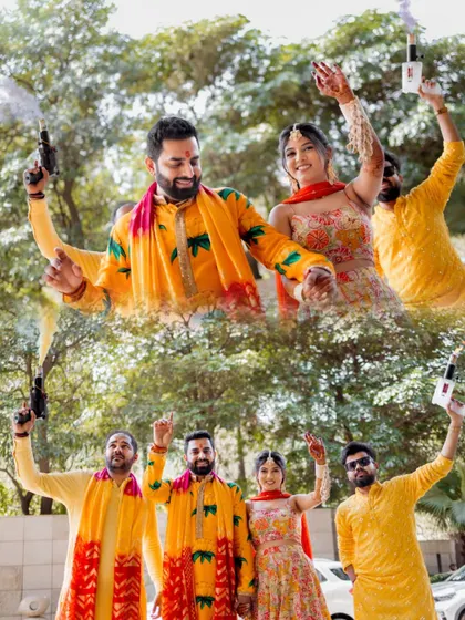 A fun collage of the couple and their friends celebrating the Haldi ceremony with party poppers.