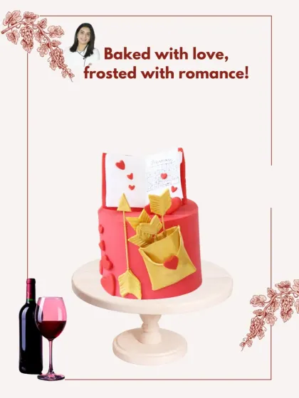 Baked with love and frosted with romance. This two-tiered red cake is decorated with a golden envelope full of hearts and arrows, perfect for a Valentine's Day surprise.