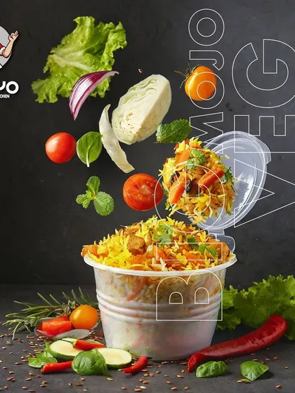 A closer look at the Big Mojo Veg Biryani, packed with a medley of fresh vegetables, herbs, and aromatic basmati rice.