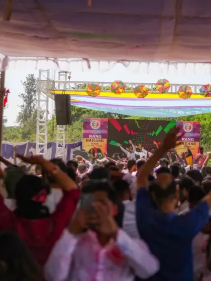 A view from the back of the crowd at a massive Holi party. The energy is contagious, with everyone's hands in the air.